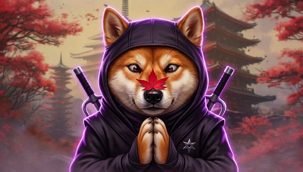 Ninja Shiba Inu balancing a single red maple leaf on his nose